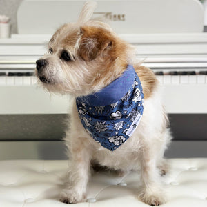 Handmade dog bandana matching with their owners. Hound and Friends. Cute and fun pet accessories. Black Panther reversible bandana. Chambray Denim Bandanas.