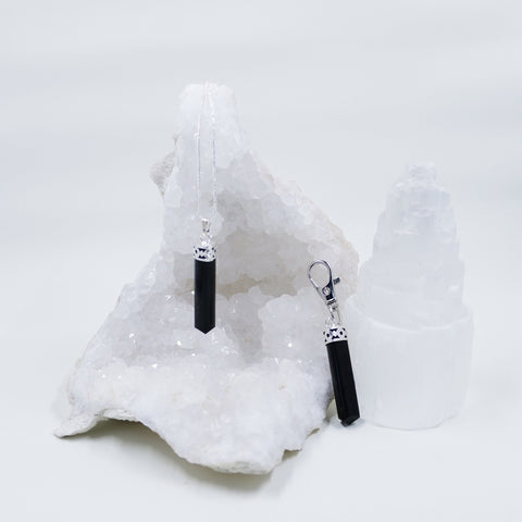 Image of Black Tourmaline energy crystals on necklaces and lobster clasp clip pendants from Hound and Friends